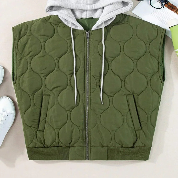 Olive Green Boho Women's Quilted Cozy Free Style Drawstring Hooded Puffer Vest - Picture 4 of 4